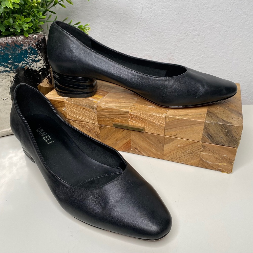 Vaneli Almira Black Leather Almond Toe Stacked Heel Pumps Classic Capsule 9W